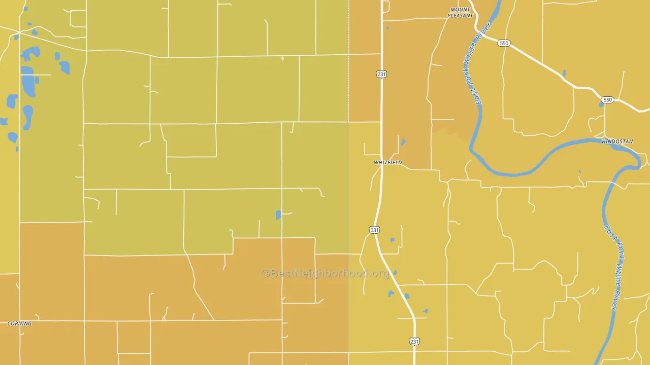 Map of the best neighborhoods in the Whitfield area, with better matches in green and worse matches in red