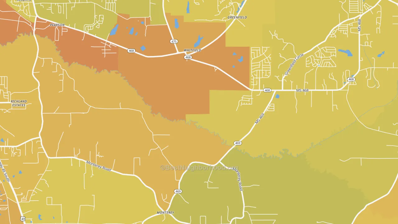 Map of the best neighborhoods in the Whitfield area, with better matches in green and worse matches in red