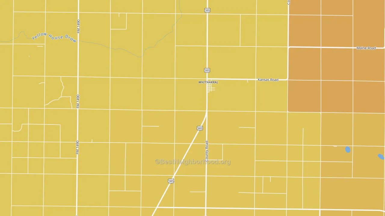 Map of the best neighborhoods in the Whitharral area, with better matches in green and worse matches in red
