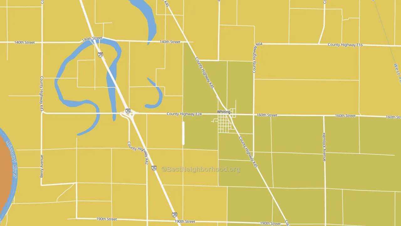 Map of the best neighborhoods in the Whiting area, with better matches in green and worse matches in red