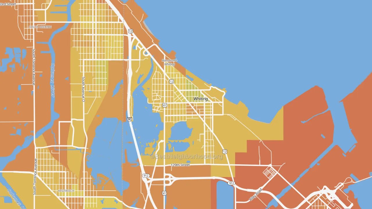 Map of the best neighborhoods in the Whiting area, with better matches in green and worse matches in red