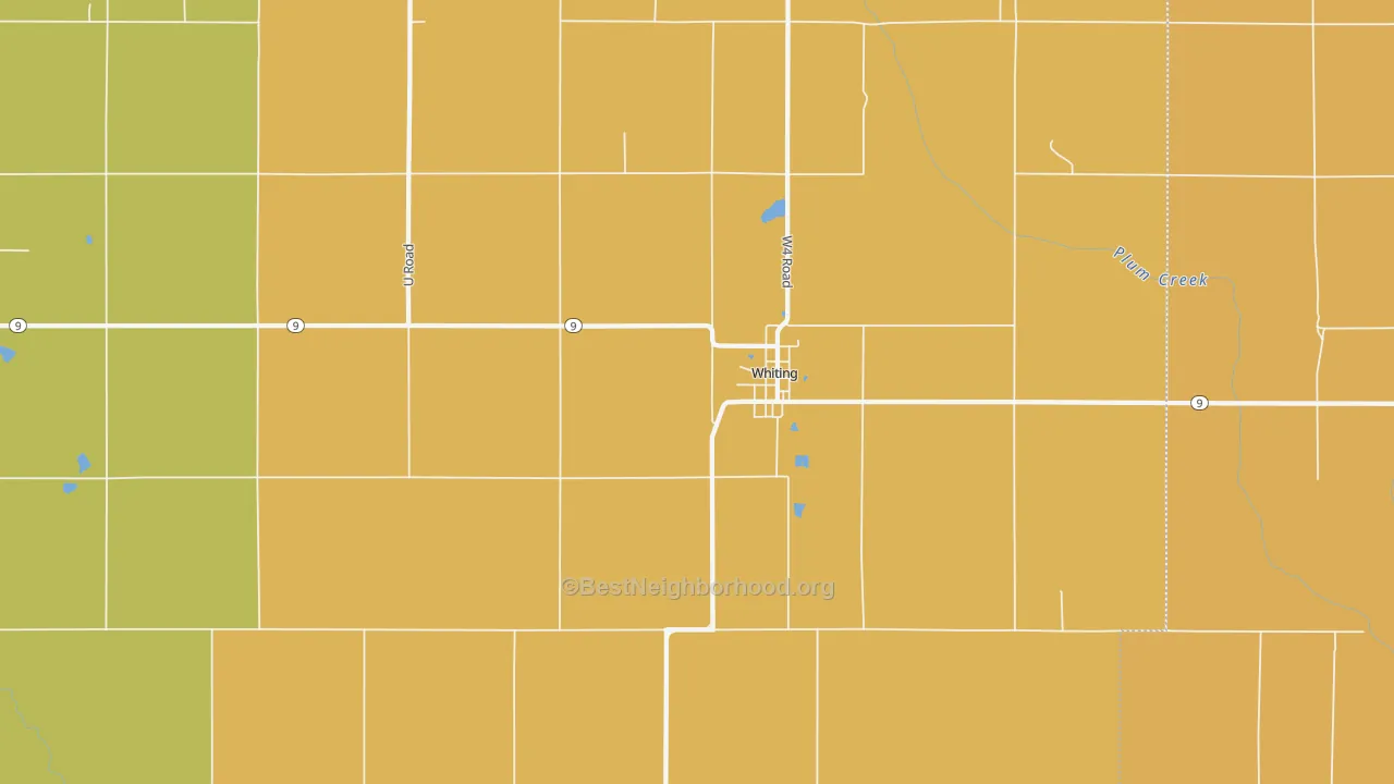 Map of the best neighborhoods in the Whiting area, with better matches in green and worse matches in red