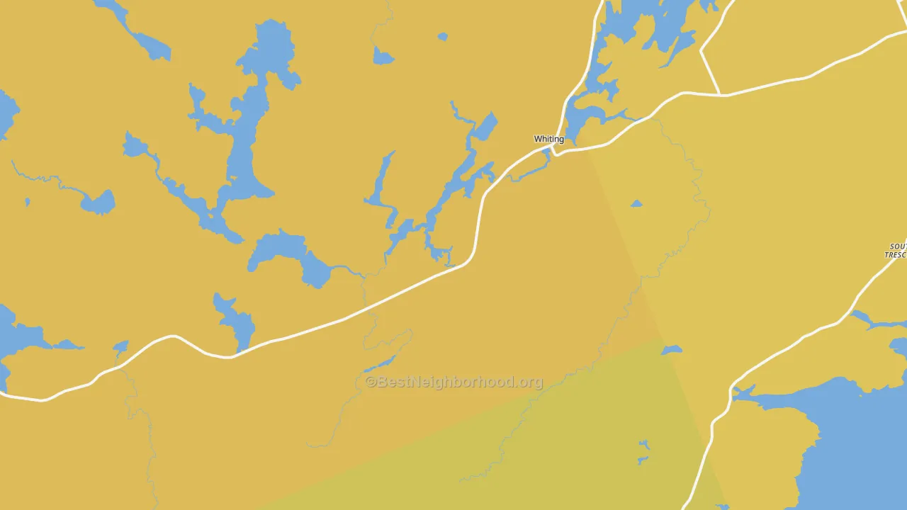 Map of the best neighborhoods in the Whiting area, with better matches in green and worse matches in red