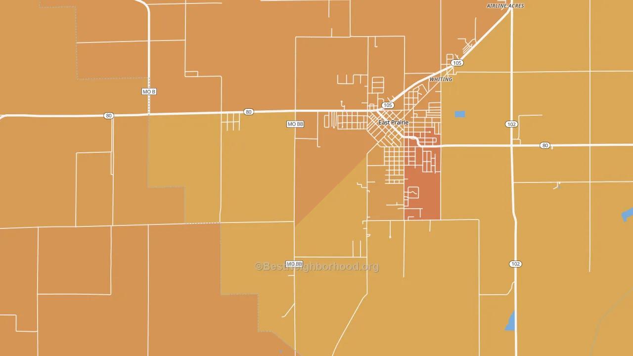 Map of the best neighborhoods in the Whiting area, with better matches in green and worse matches in red