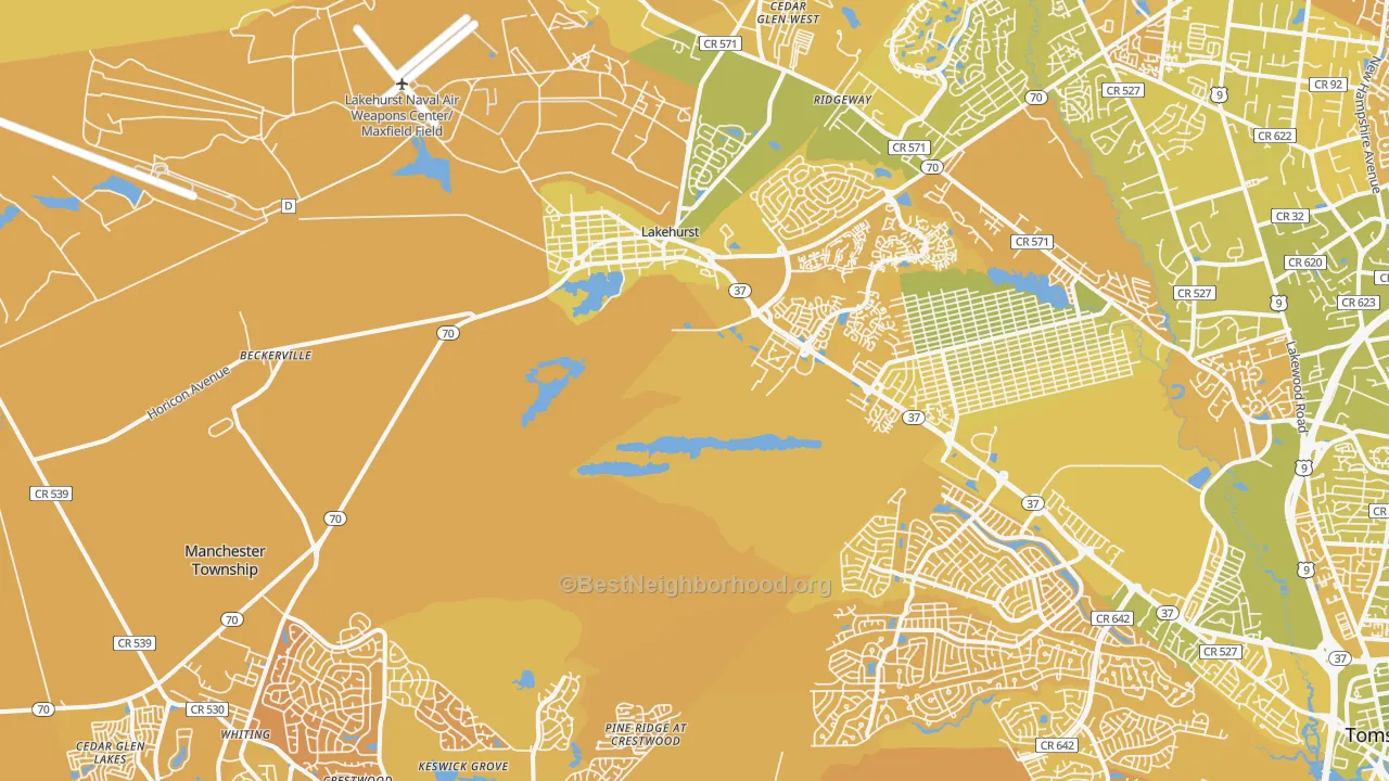 Map of the best neighborhoods in the Whiting area, with better matches in green and worse matches in red