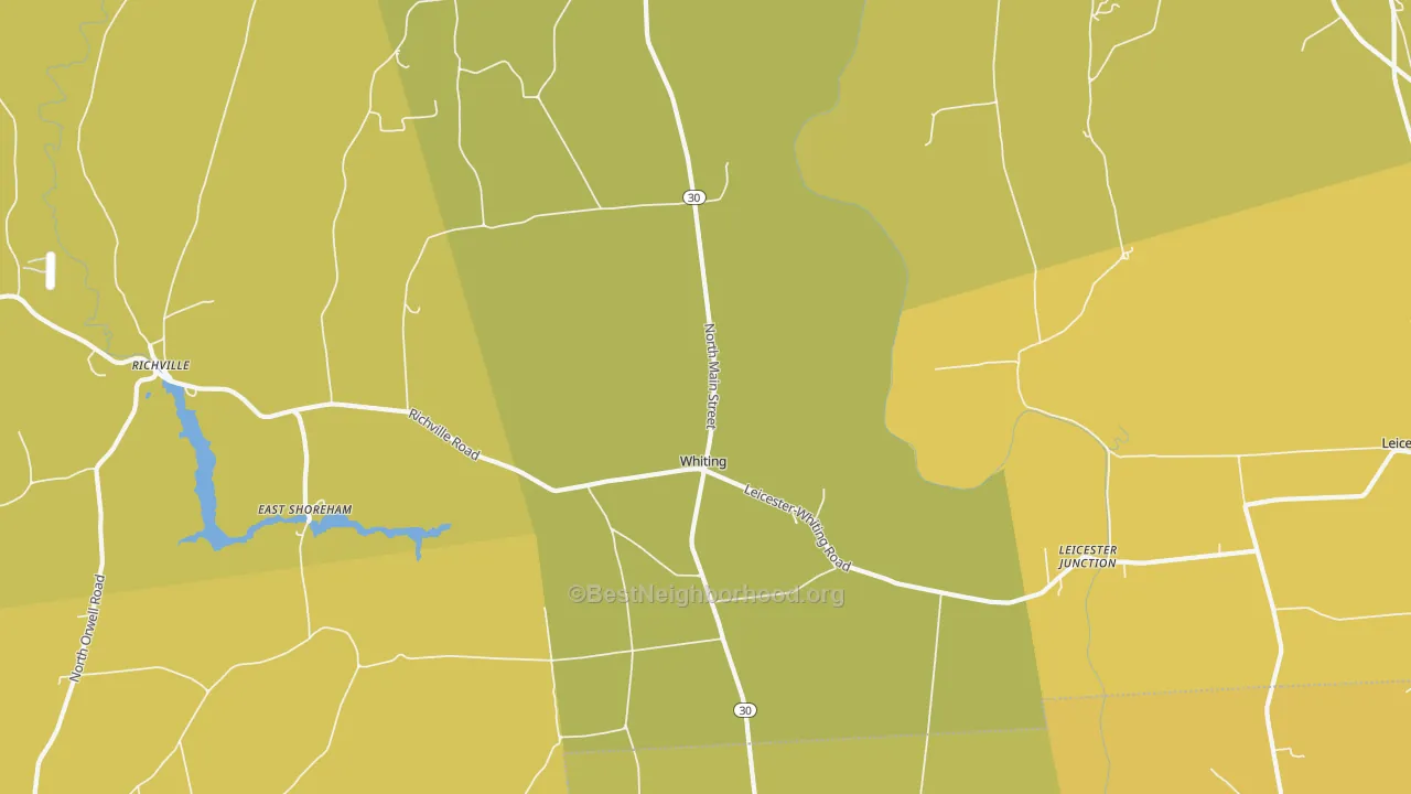 Map of the best neighborhoods in the Whiting area, with better matches in green and worse matches in red