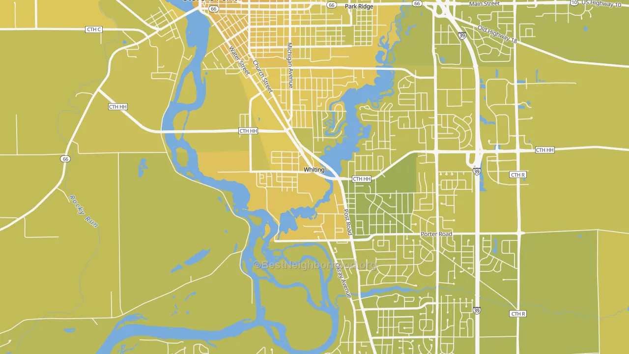 Map of the best neighborhoods in the Whiting area, with better matches in green and worse matches in red