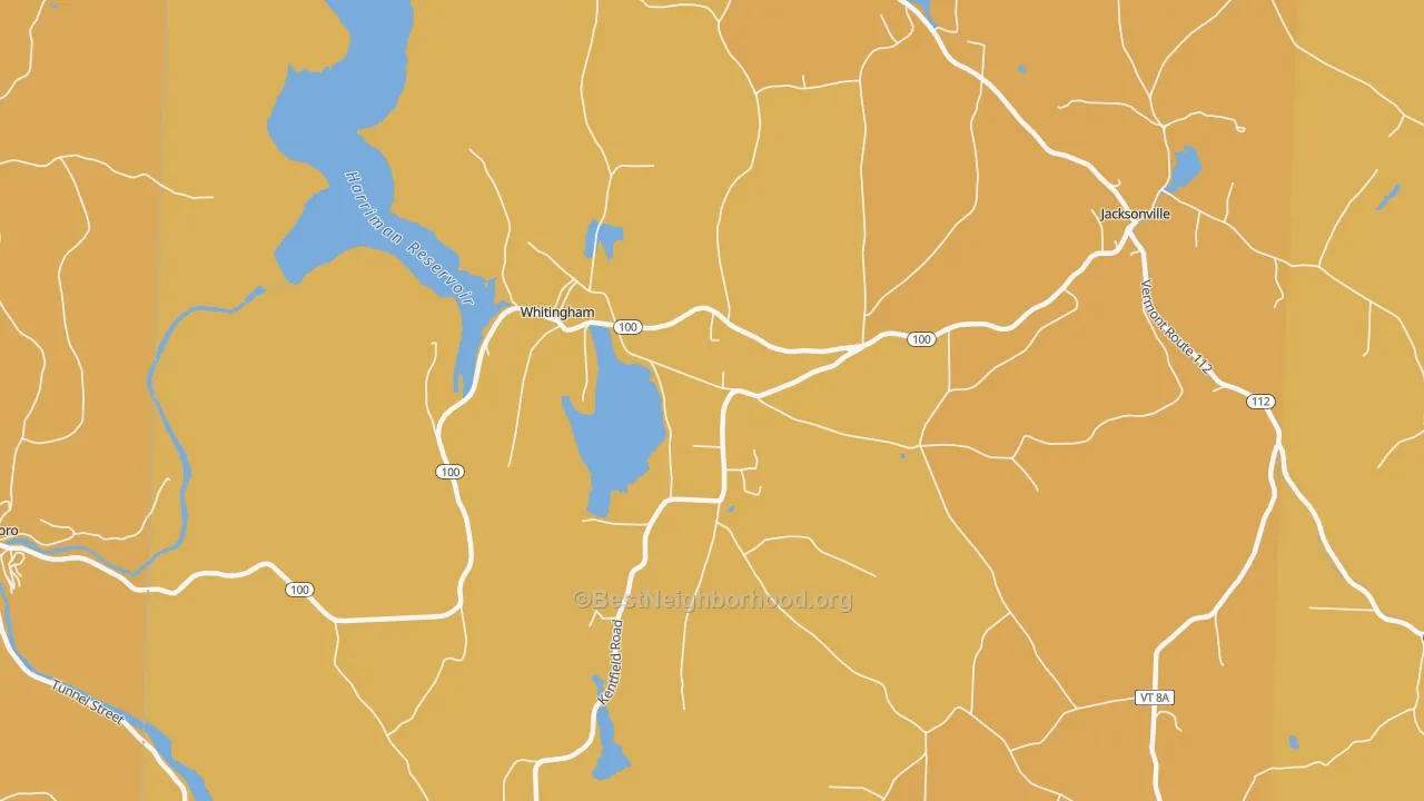 Map of the best neighborhoods in the Whitingham area, with better matches in green and worse matches in red