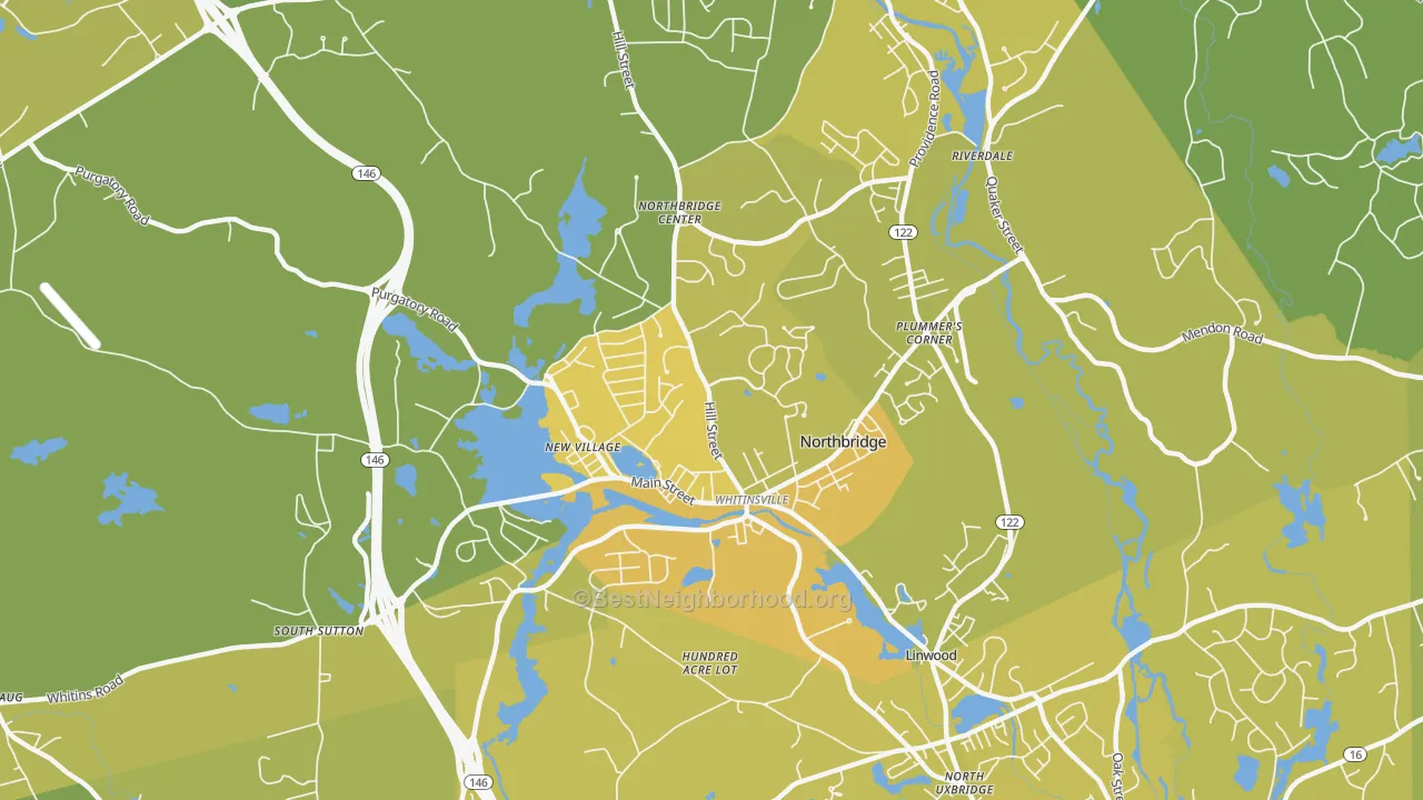 Map of the best neighborhoods in the Whitinsville area, with better matches in green and worse matches in red