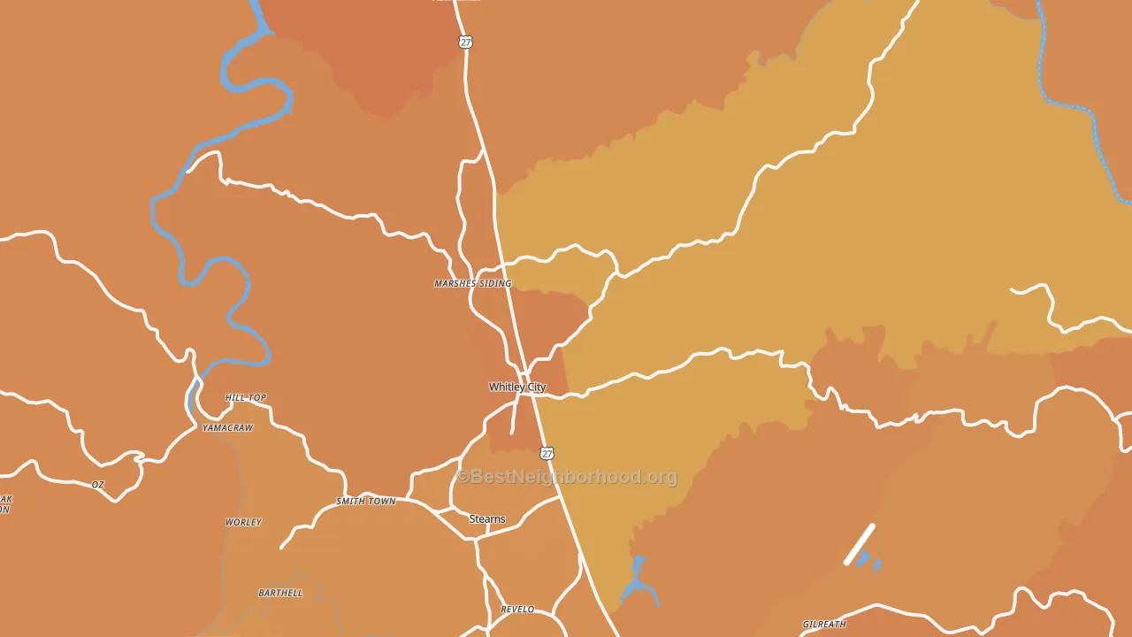 Map of the best neighborhoods in the Whitley City area, with better matches in green and worse matches in red