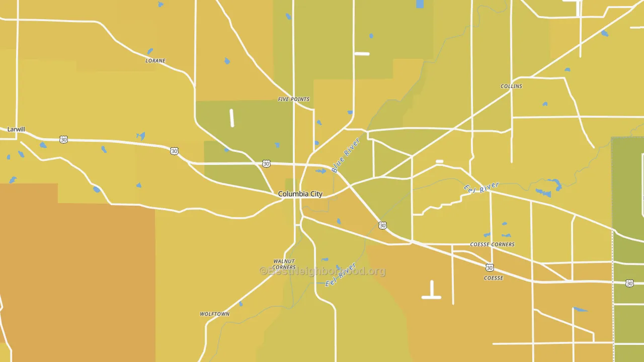 Map of the best neighborhoods in the Whitley County area, with better matches in green and worse matches in red