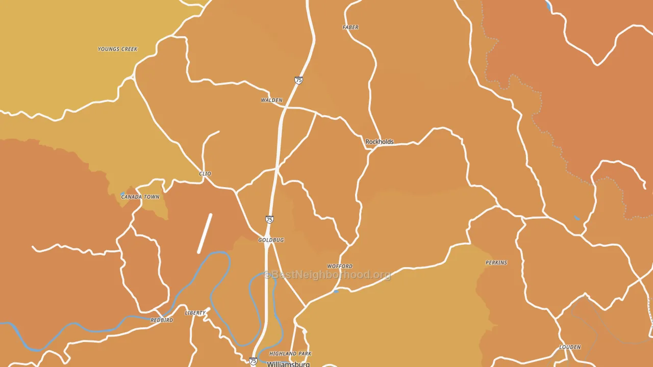 Map of the best neighborhoods in the Whitley County area, with better matches in green and worse matches in red