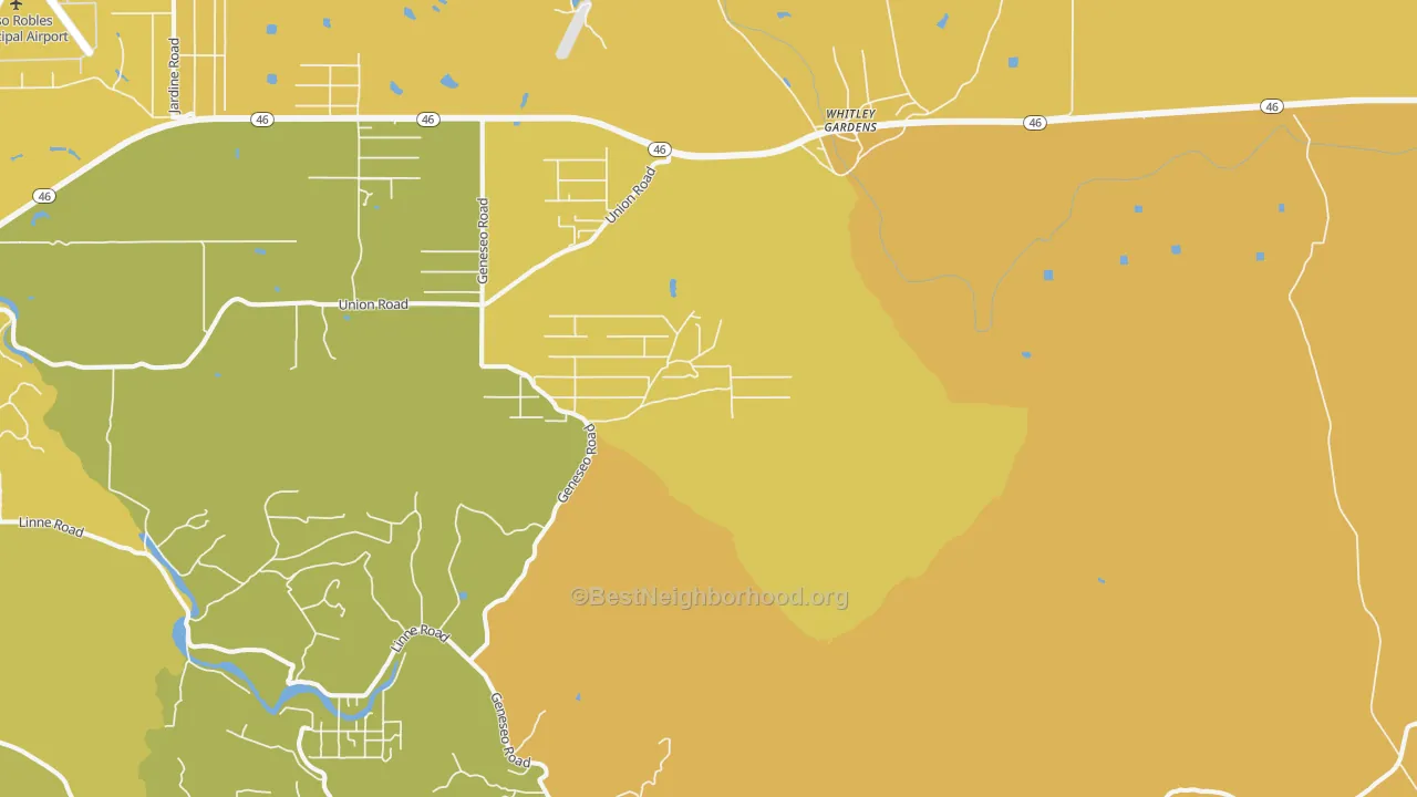 Map of the best neighborhoods in the Whitley Gardens area, with better matches in green and worse matches in red