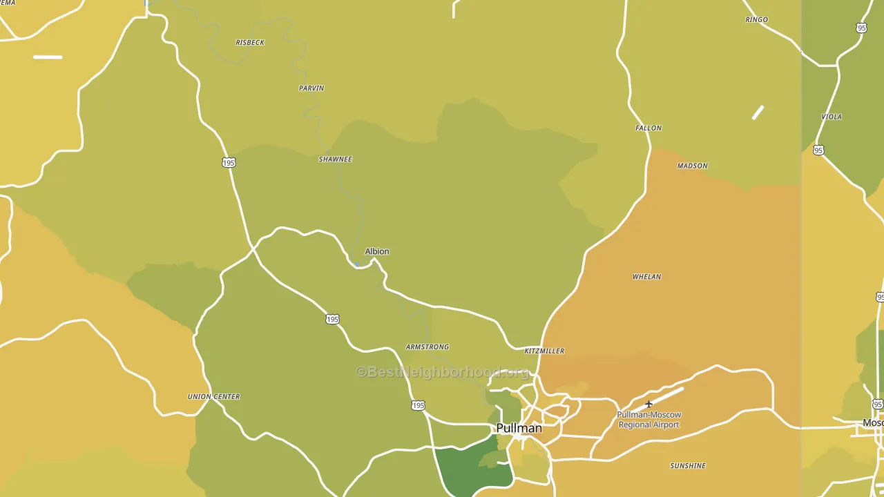 Map of the best neighborhoods in the Whitman County area, with better matches in green and worse matches in red