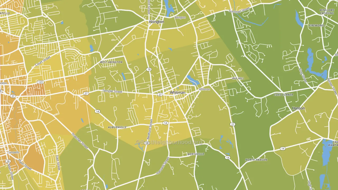 Map of the best neighborhoods in the Whitman area, with better matches in green and worse matches in red