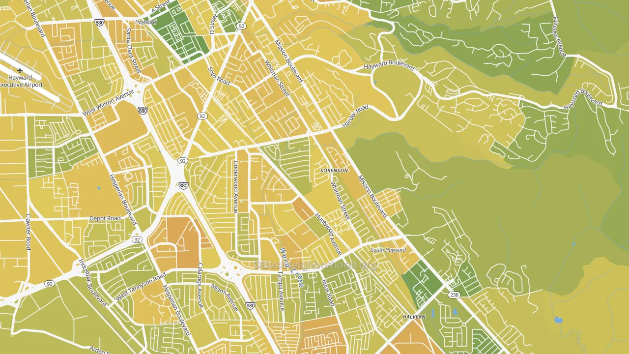Map of the best neighborhoods in the Whitman-Mocine, Hayward area, with better matches in green and worse matches in red