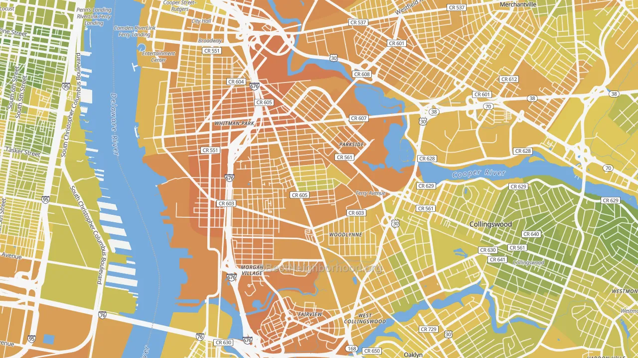 Map of the best neighborhoods in the Whitman Park, Camden area, with better matches in green and worse matches in red