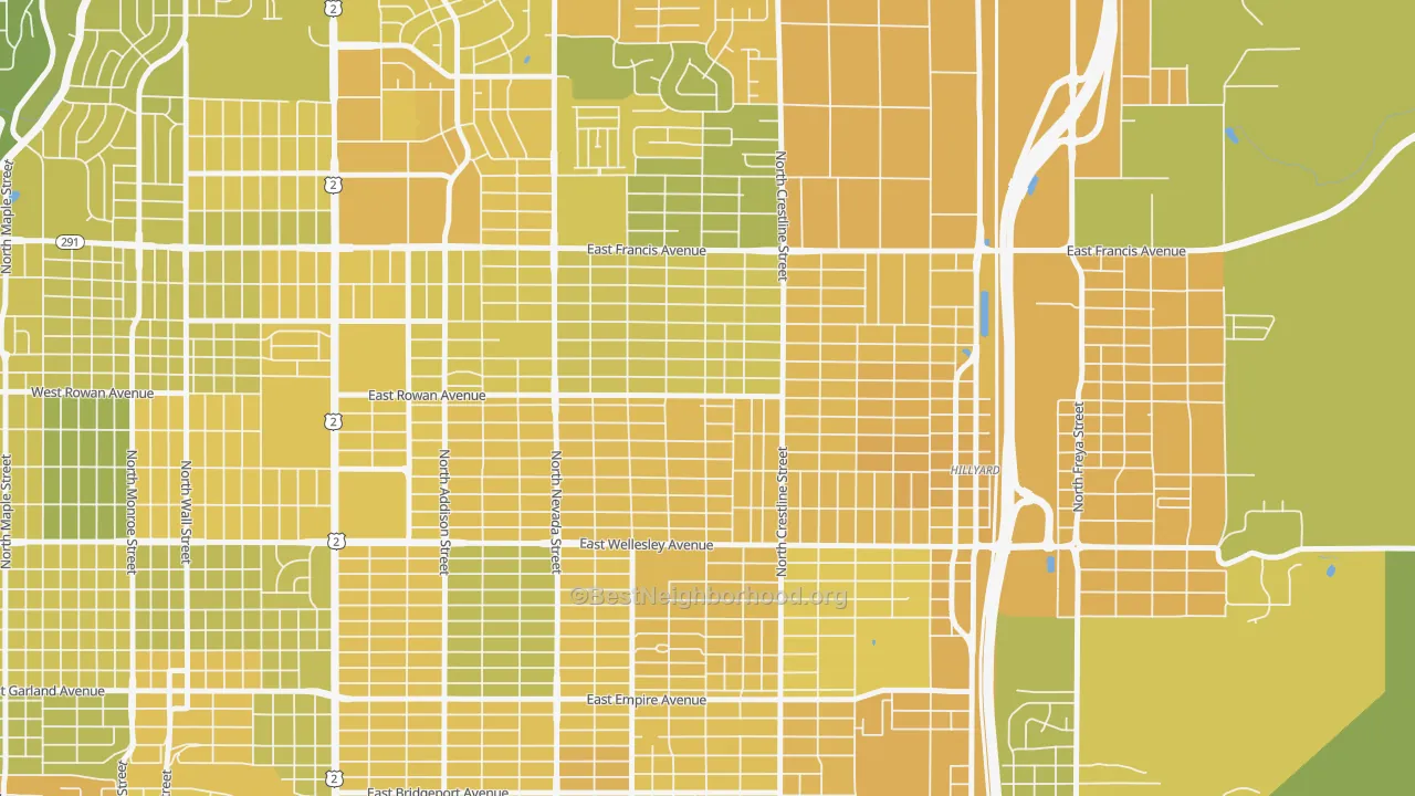 Map of the best neighborhoods in the Whitman, Spokane area, with better matches in green and worse matches in red