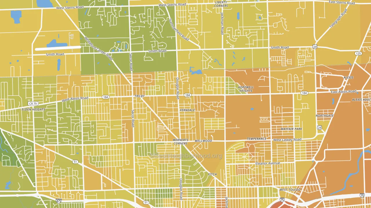 Map of the best neighborhoods in the Whitmer-Trilby, Toledo area, with better matches in green and worse matches in red