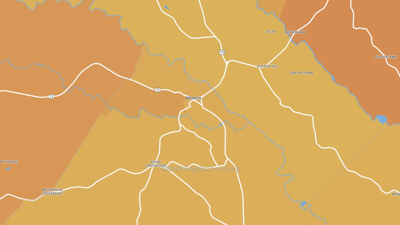Map of the best neighborhoods in the Whitmire area, with better matches in green and worse matches in red