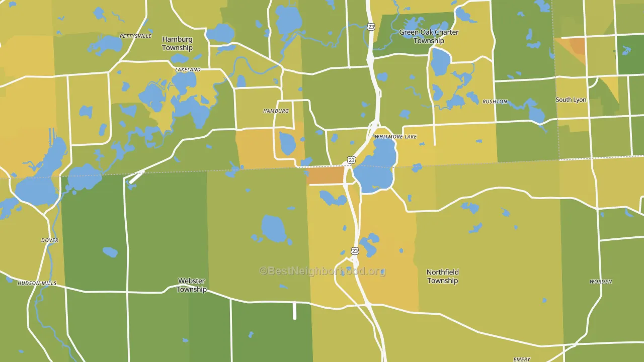 Map of the best neighborhoods in the Whitmore Lake area, with better matches in green and worse matches in red
