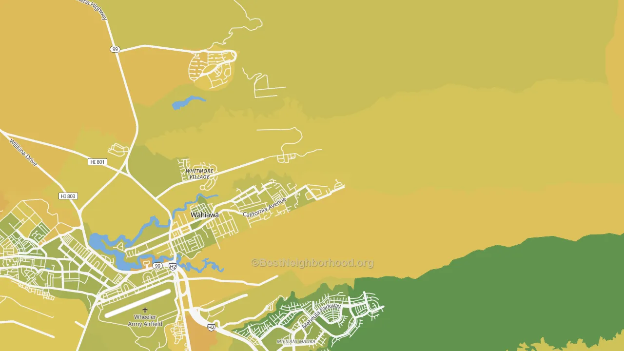 Map of the best neighborhoods in the Whitmore Village area, with better matches in green and worse matches in red