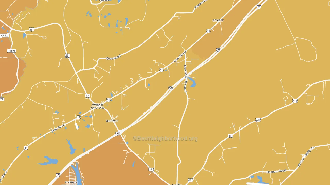 Map of the best neighborhoods in the Whitney area, with better matches in green and worse matches in red