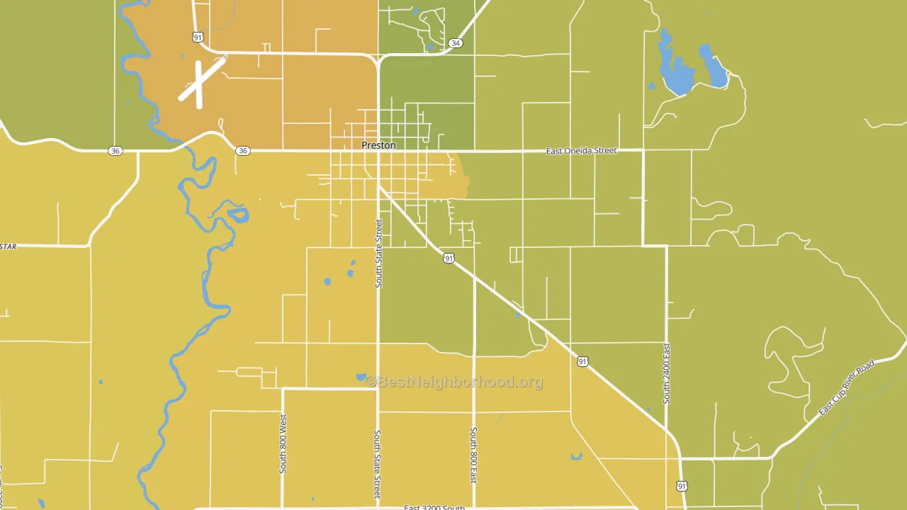 Map of the best neighborhoods in the Whitney area, with better matches in green and worse matches in red
