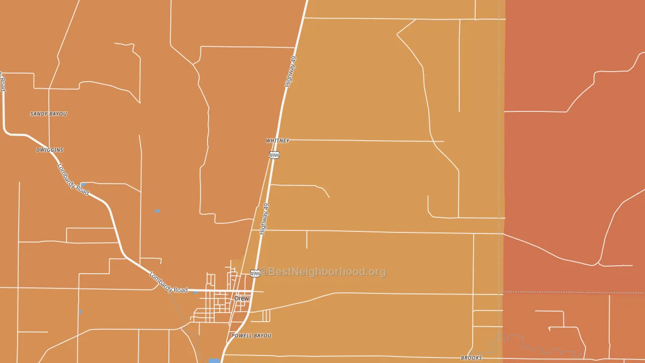 Map of the best neighborhoods in the Whitney area, with better matches in green and worse matches in red