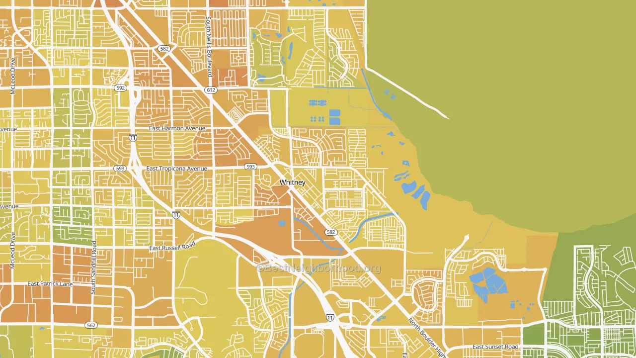 Map of the best neighborhoods in the Whitney area, with better matches in green and worse matches in red