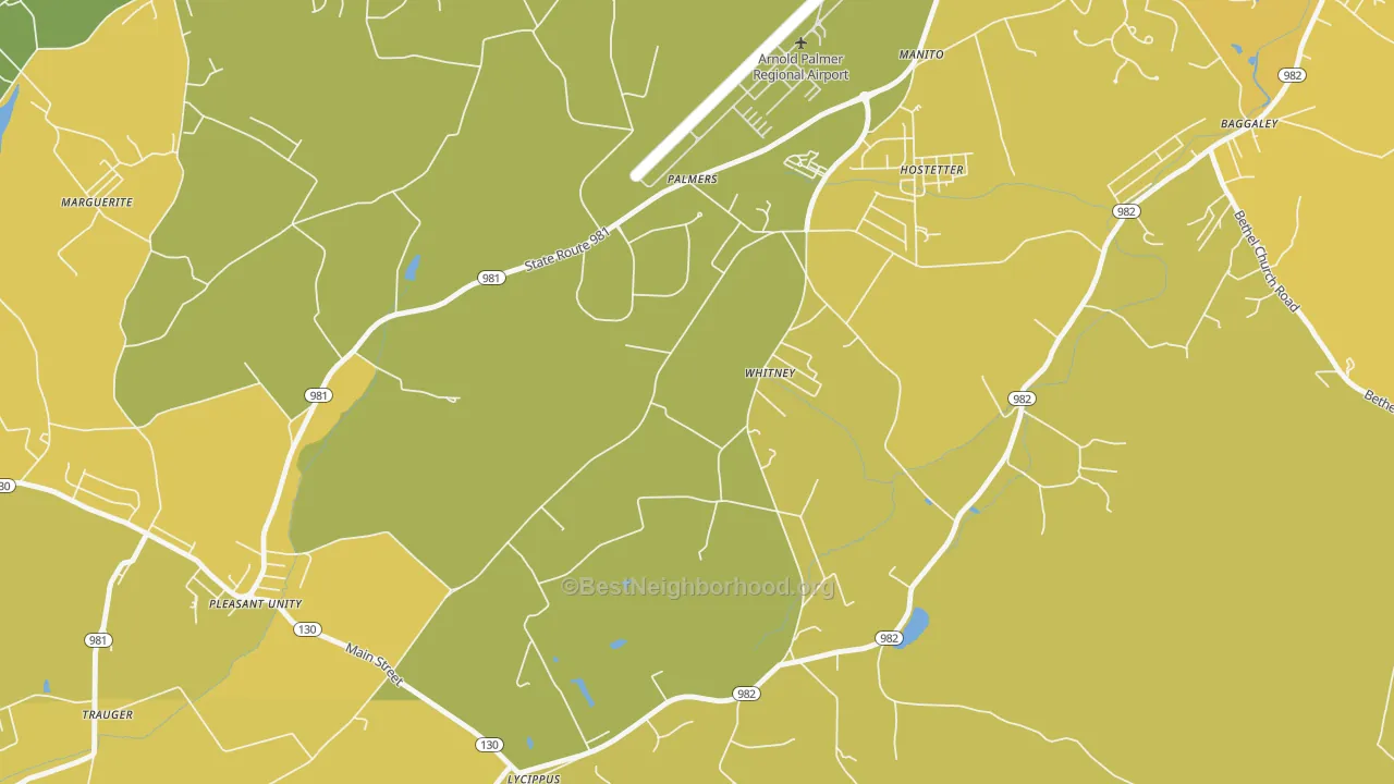 Map of the best neighborhoods in the Whitney area, with better matches in green and worse matches in red
