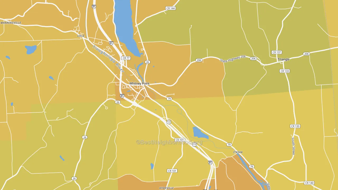Map of the best neighborhoods in the Whitney Point area, with better matches in green and worse matches in red
