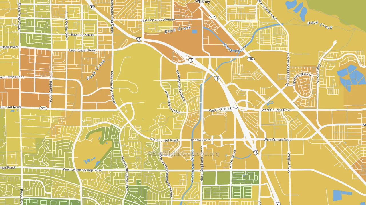 Map of the best neighborhoods in the Whitney Ranch, Henderson area, with better matches in green and worse matches in red