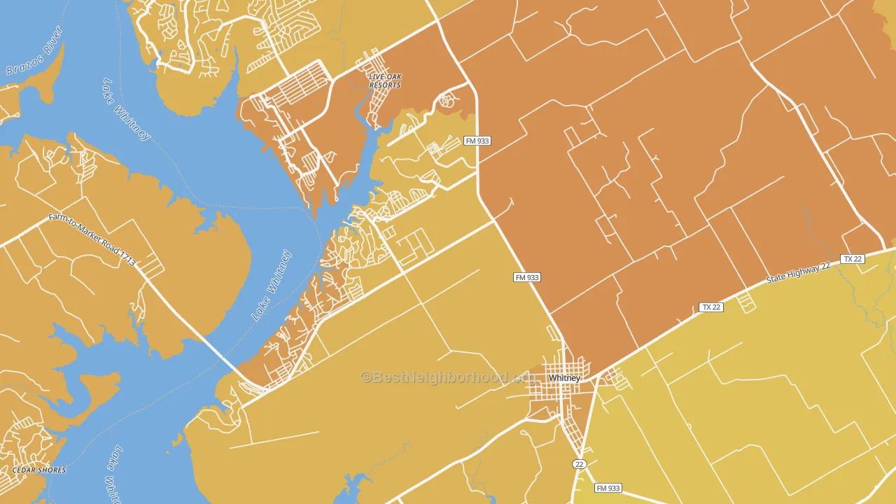 Map of the best neighborhoods in the Whitney area, with better matches in green and worse matches in red