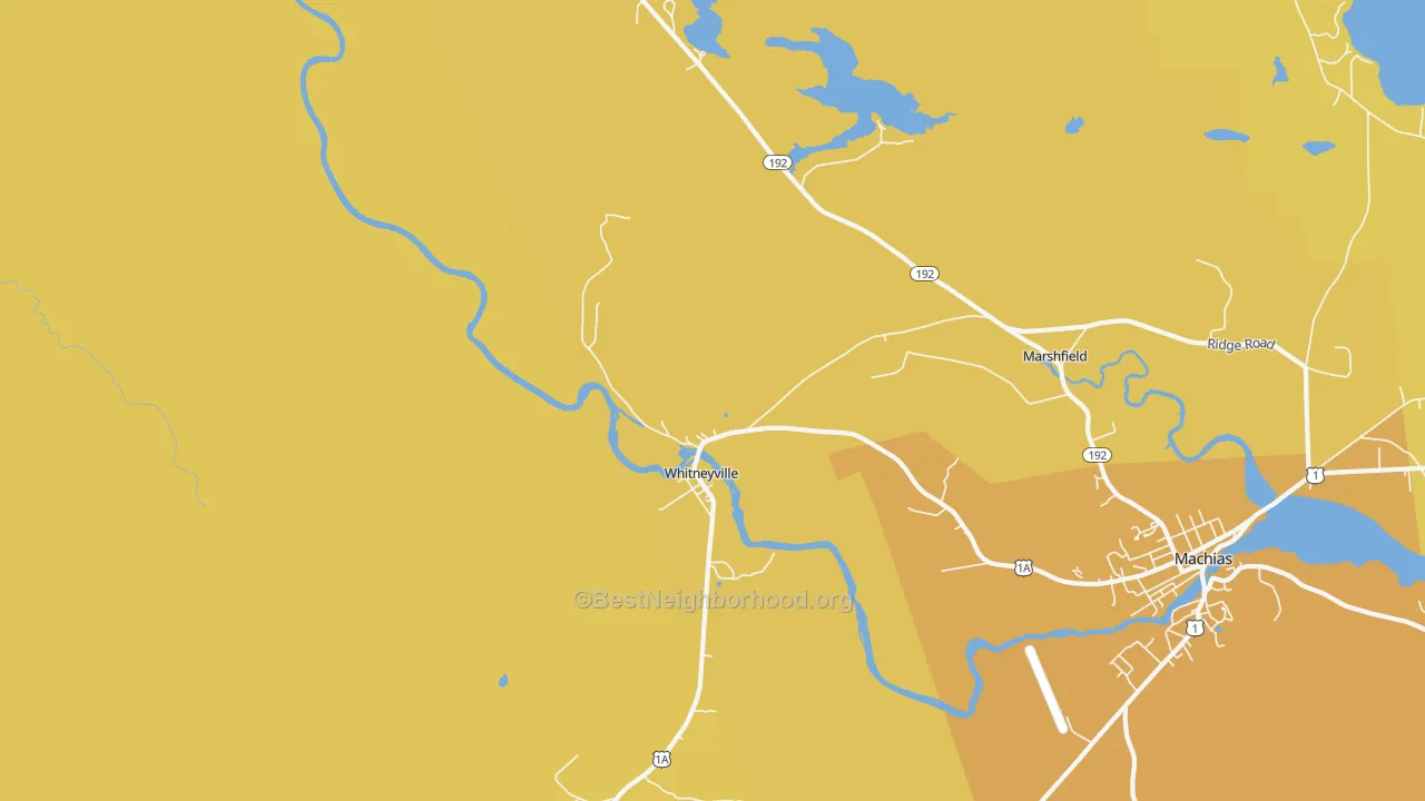 Map of the best neighborhoods in the Whitneyville area, with better matches in green and worse matches in red