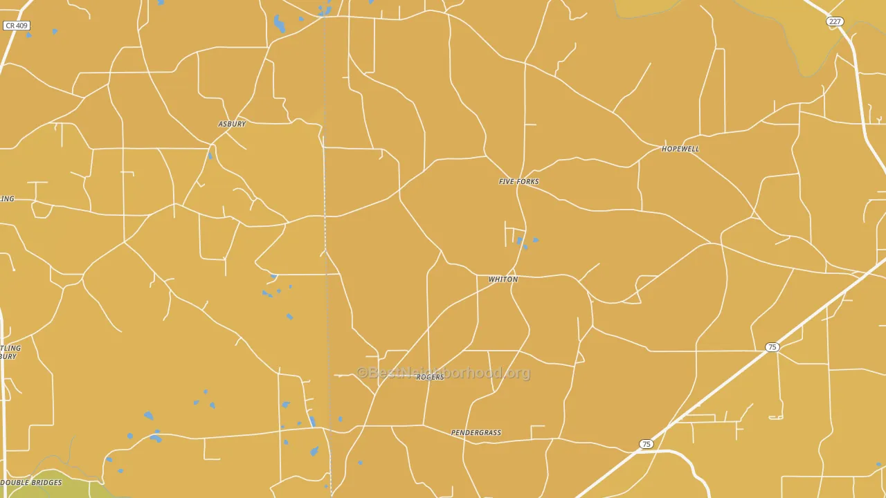 Map of the best neighborhoods in the Whiton area, with better matches in green and worse matches in red