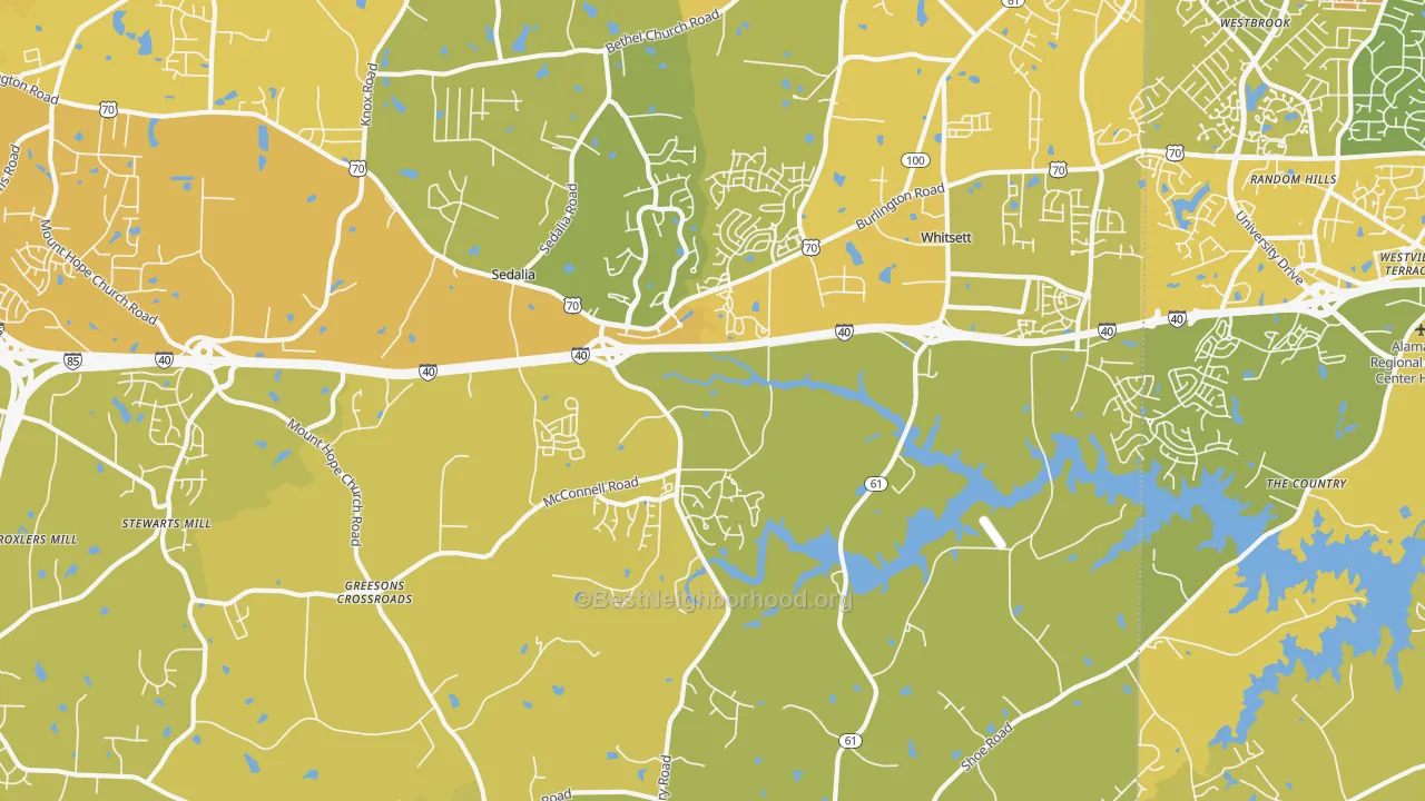 Map of the best neighborhoods in the Whitsett area, with better matches in green and worse matches in red