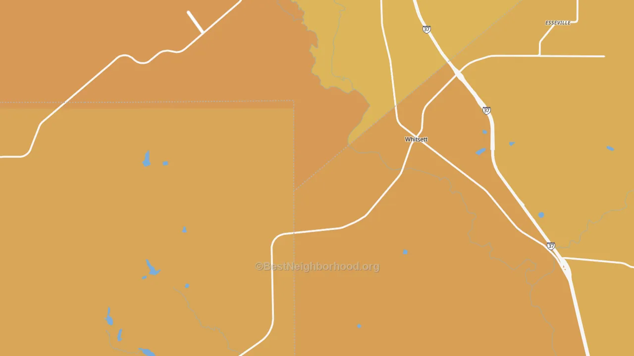 Map of the best neighborhoods in the Whitsett area, with better matches in green and worse matches in red