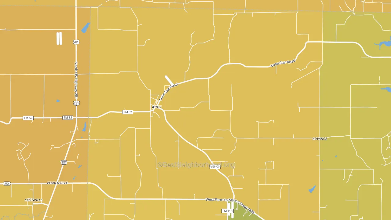 Map of the best neighborhoods in the Whitt area, with better matches in green and worse matches in red