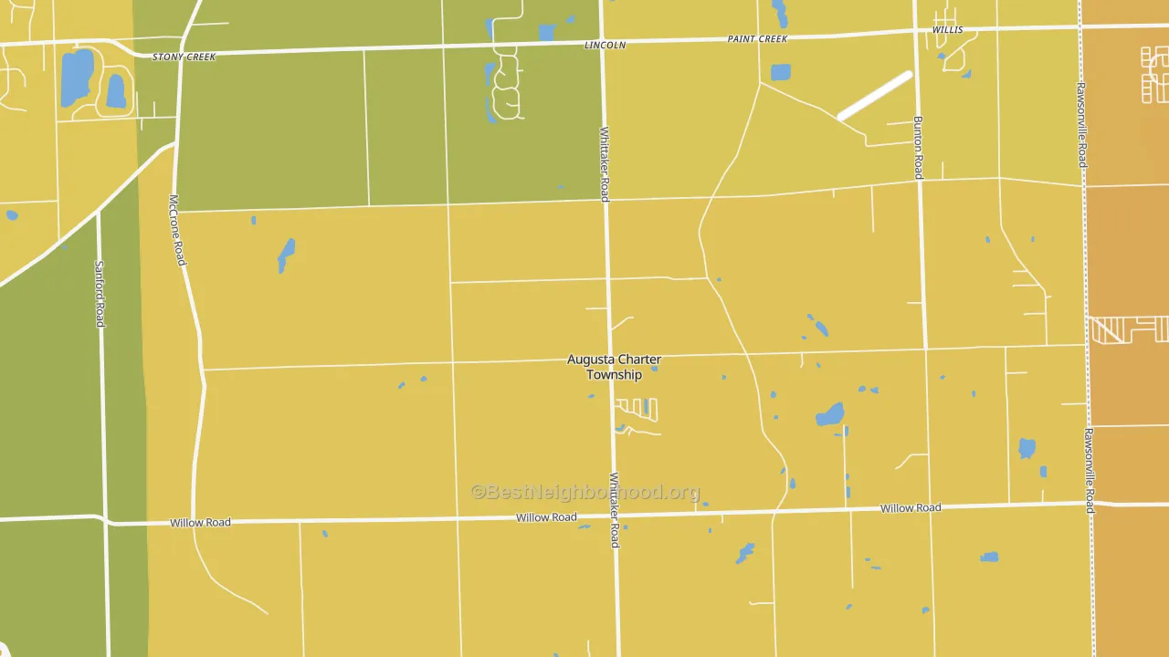 Map of the best neighborhoods in the Whittaker area, with better matches in green and worse matches in red