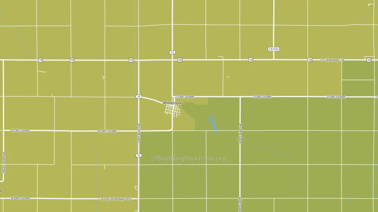 Map of the best neighborhoods in the Whittemore area, with better matches in green and worse matches in red