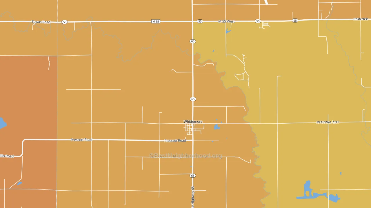Map of the best neighborhoods in the Whittemore area, with better matches in green and worse matches in red