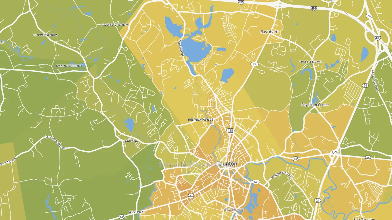 Map of the best neighborhoods in the Whittenton, Taunton area, with better matches in green and worse matches in red
