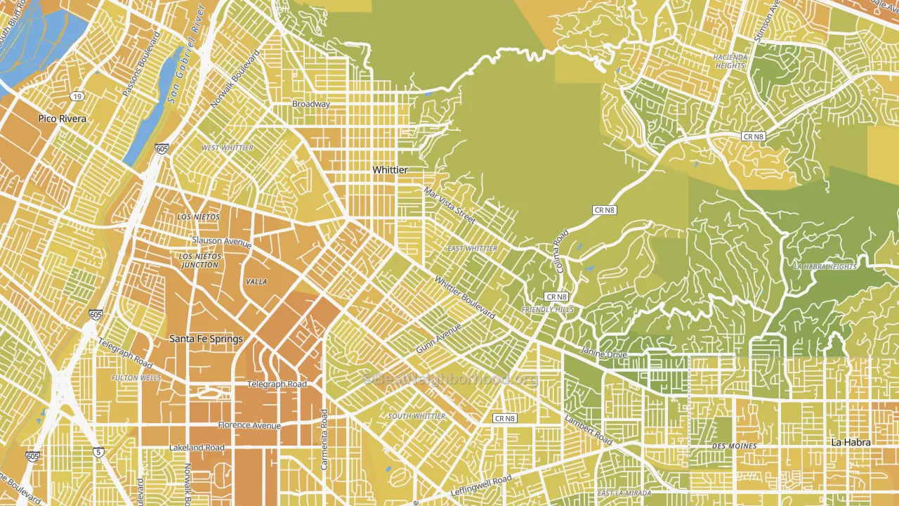 Map of the best neighborhoods in the Whittier area, with better matches in green and worse matches in red