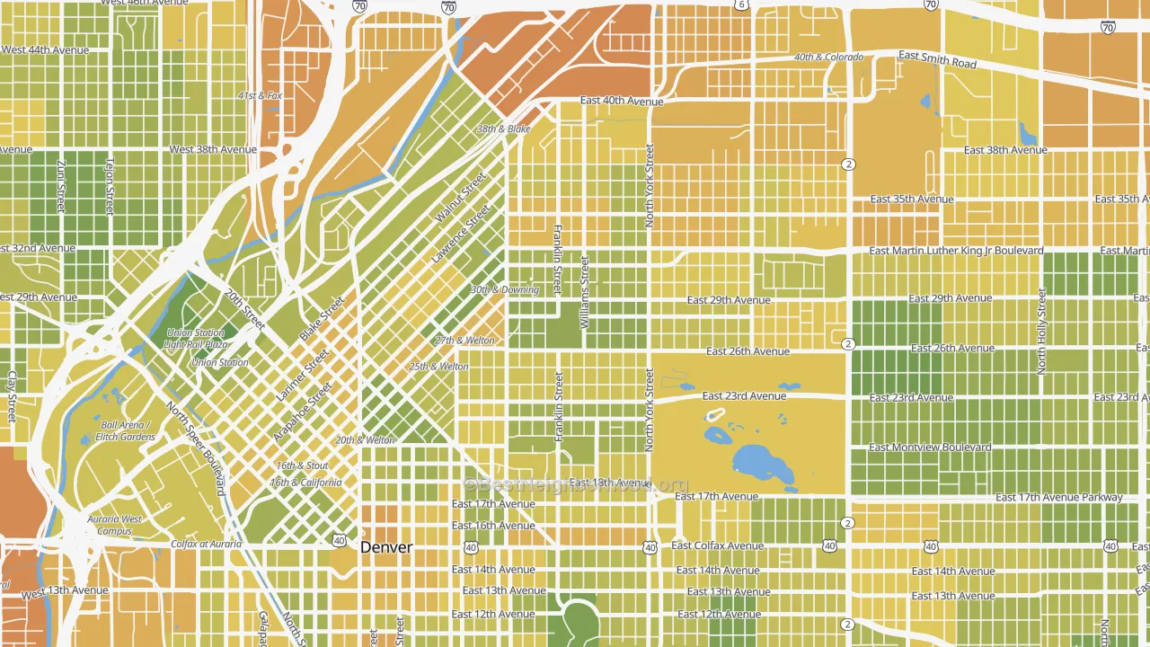 Map of the best neighborhoods in the Whittier, Denver area, with better matches in green and worse matches in red