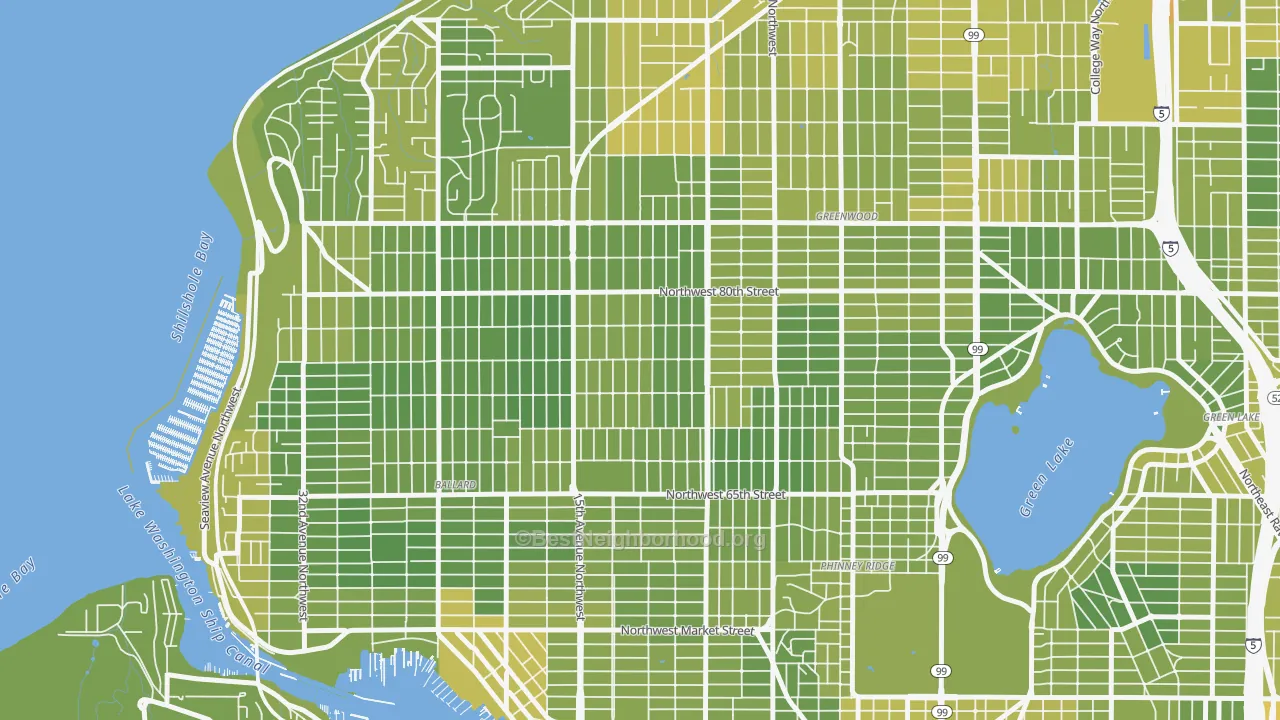 Map of the best neighborhoods in the Whittier Heights, Seattle area, with better matches in green and worse matches in red