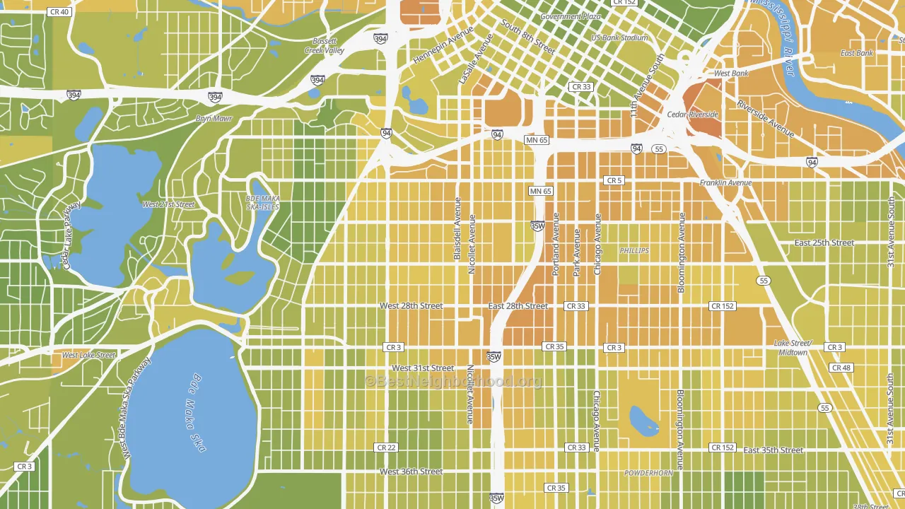 Map of the best neighborhoods in the Whittier, Minneapolis area, with better matches in green and worse matches in red