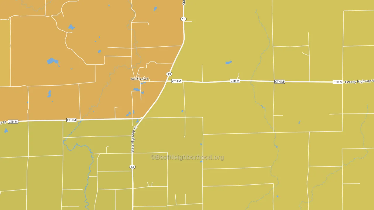 Map of the best neighborhoods in the Whittlesey area, with better matches in green and worse matches in red