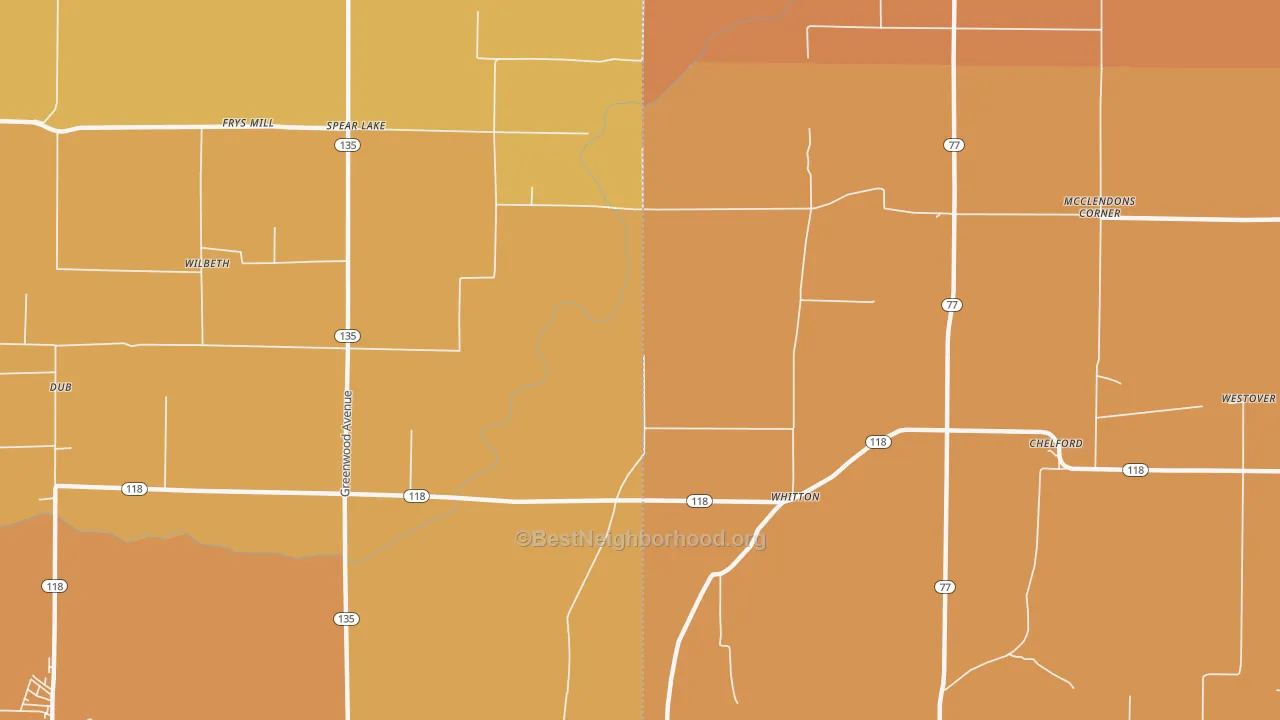 Map of the best neighborhoods in the Whitton area, with better matches in green and worse matches in red