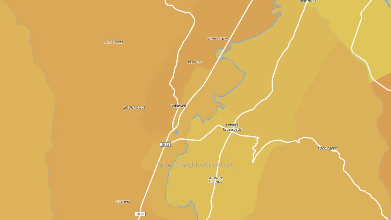 Map of the best neighborhoods in the Whitwell area, with better matches in green and worse matches in red